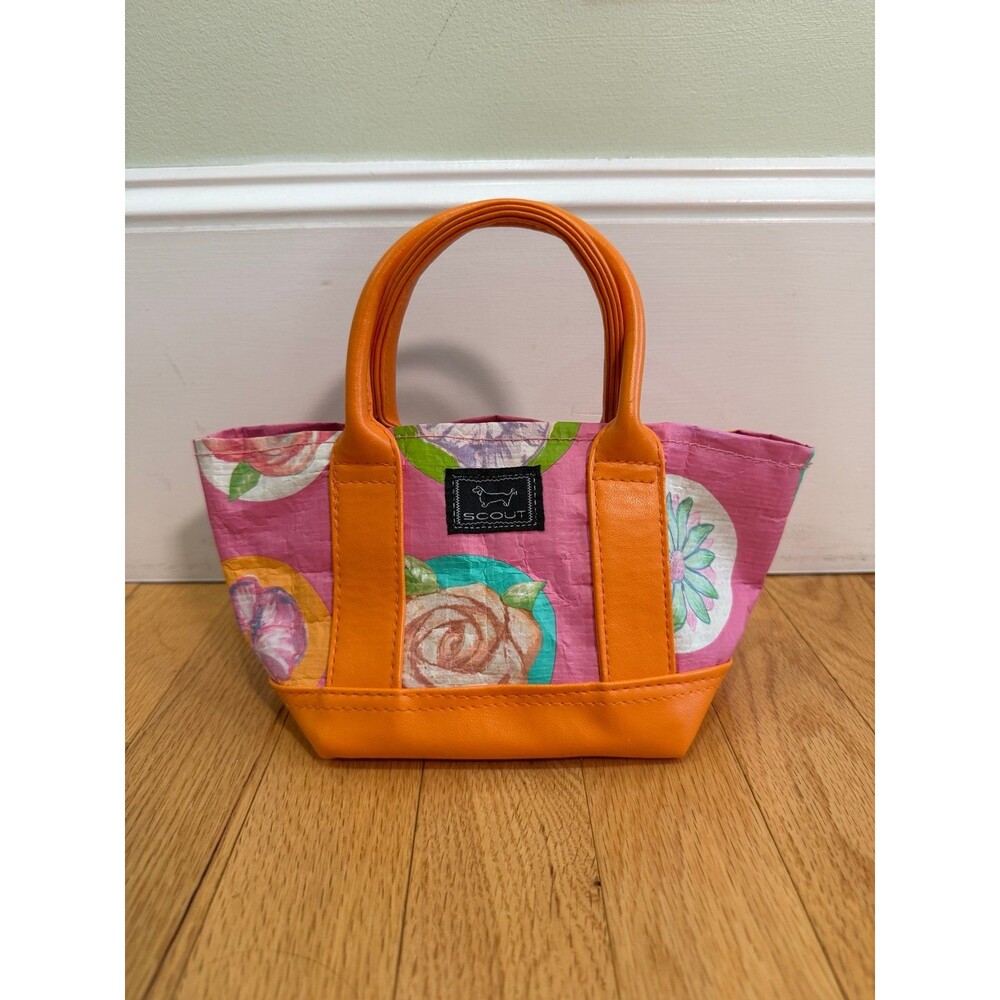 SCOUT Mini Tote Bag Pink Floral Orange Handles Laminated Lightweight Purse